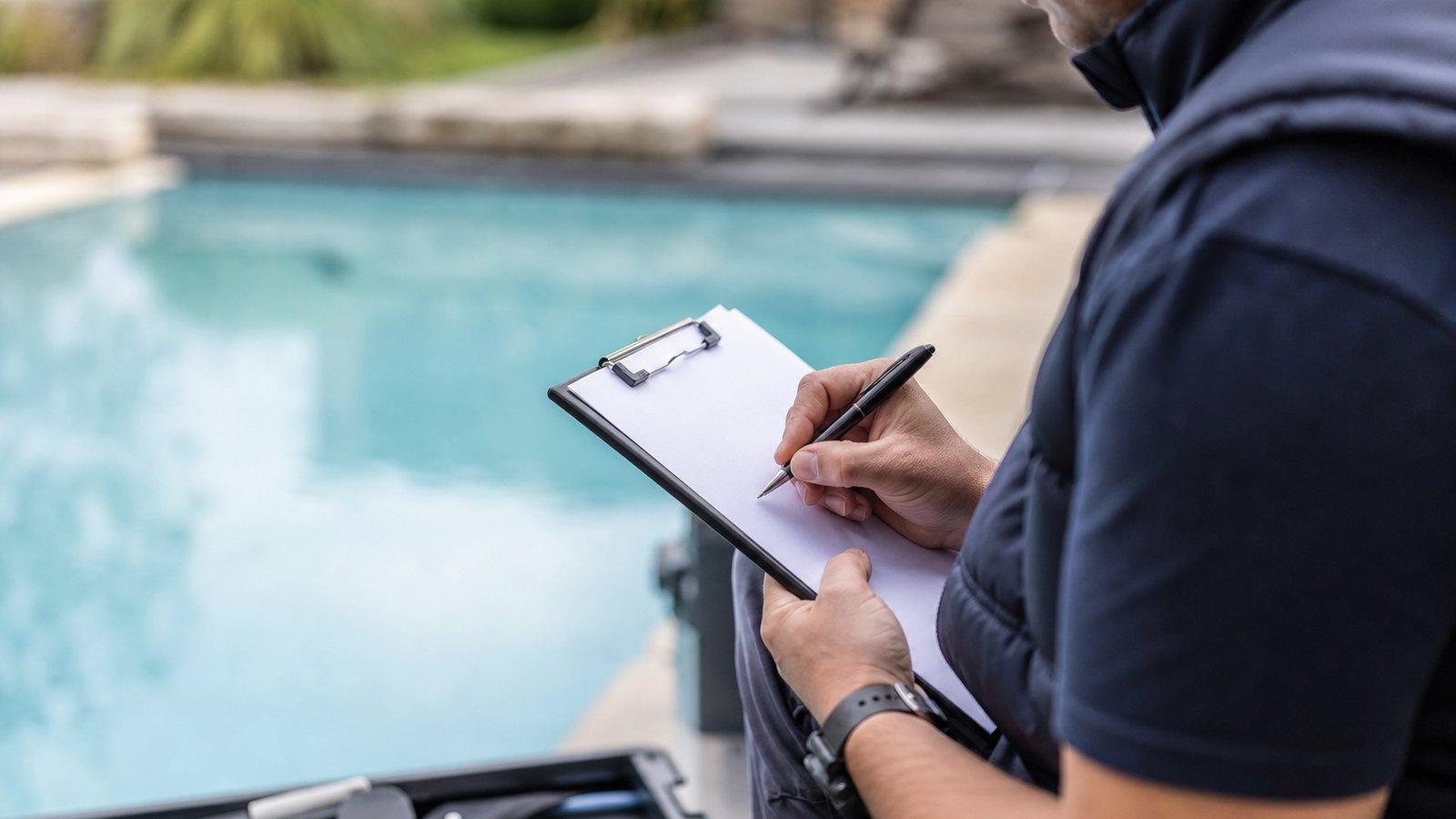 Pisciniste consultant le carnet d'entretien d'une piscine