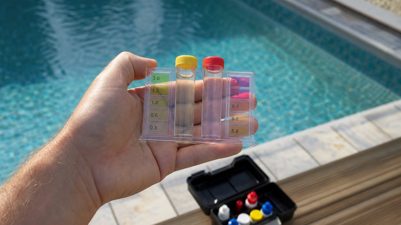 Pisciniste mesurant l'équilibre de l'eau d'une piscine